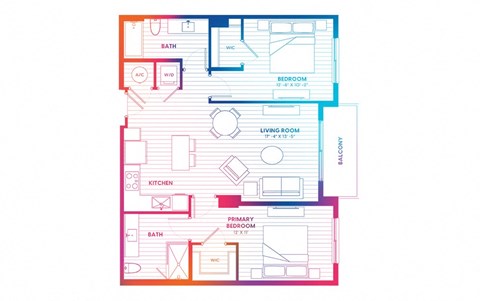 Floor plan for 2 beds, 2 baths, 1005 sqft